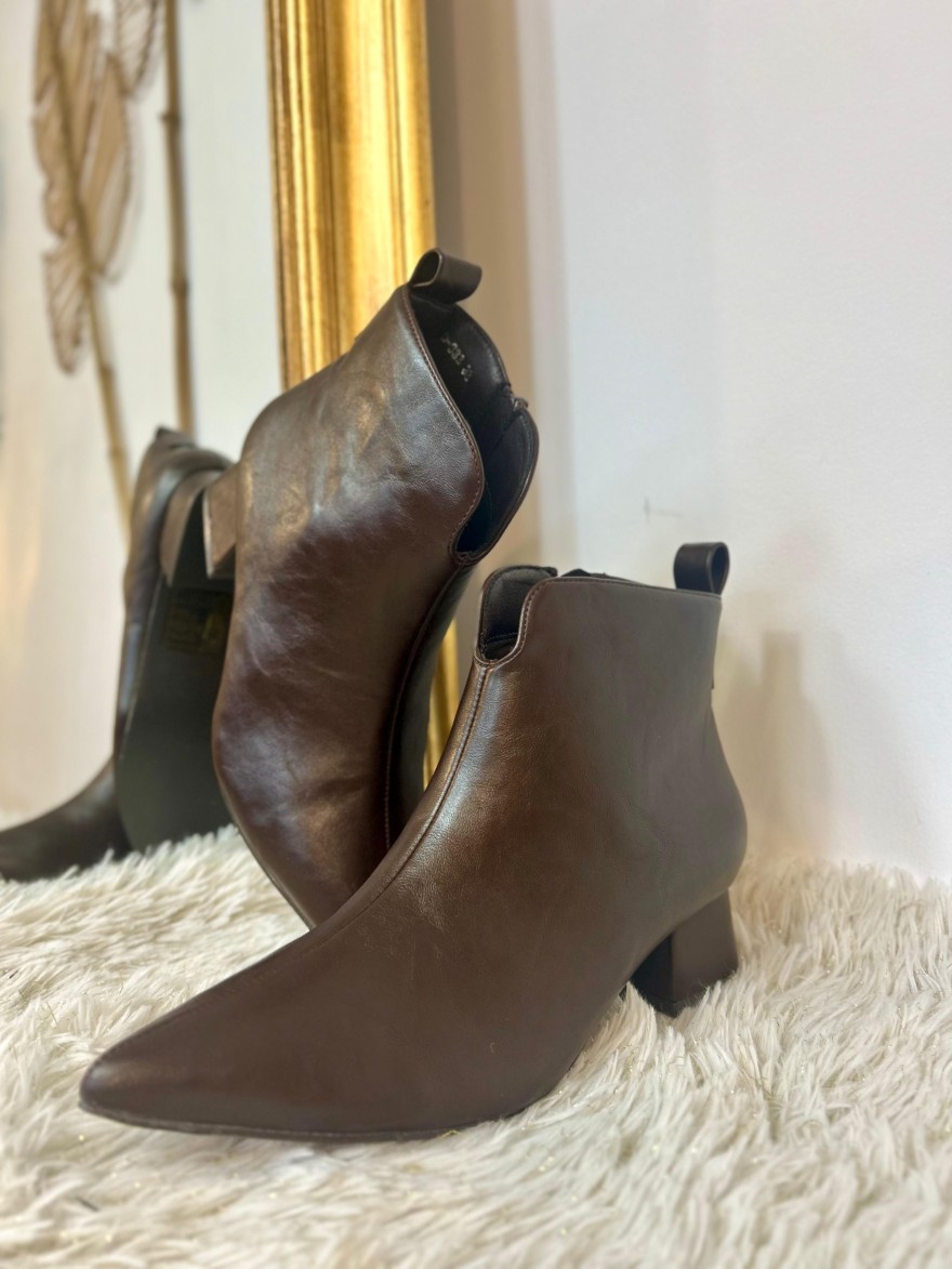 Bottine Marron Bout Pointu Effet Cuir Lisse – Talon 5 cm | Marina & Paloma