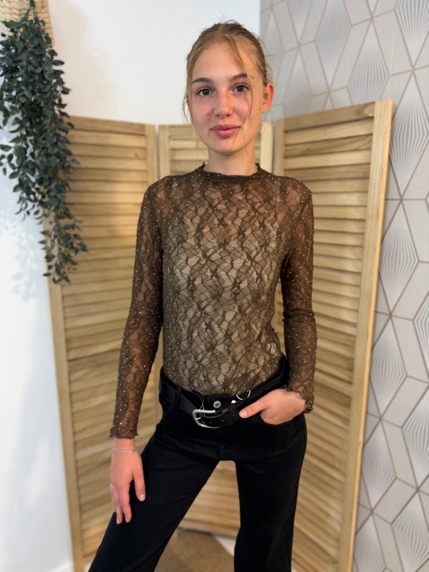 Haut Kilky Marron Dentelle à Strass Transparent Femme | Marina & Paloma