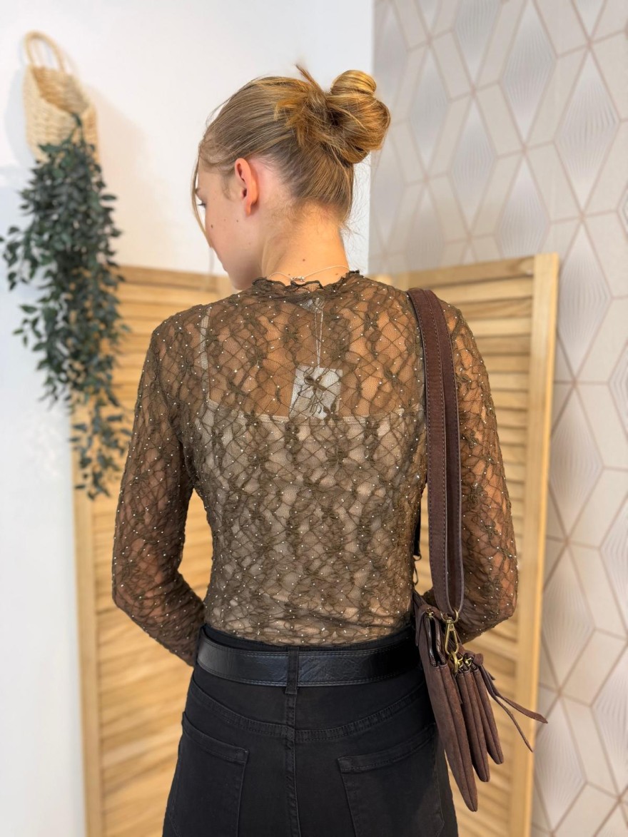 Haut Kilky Marron Dentelle à Strass Transparent Femme | Marina & Paloma