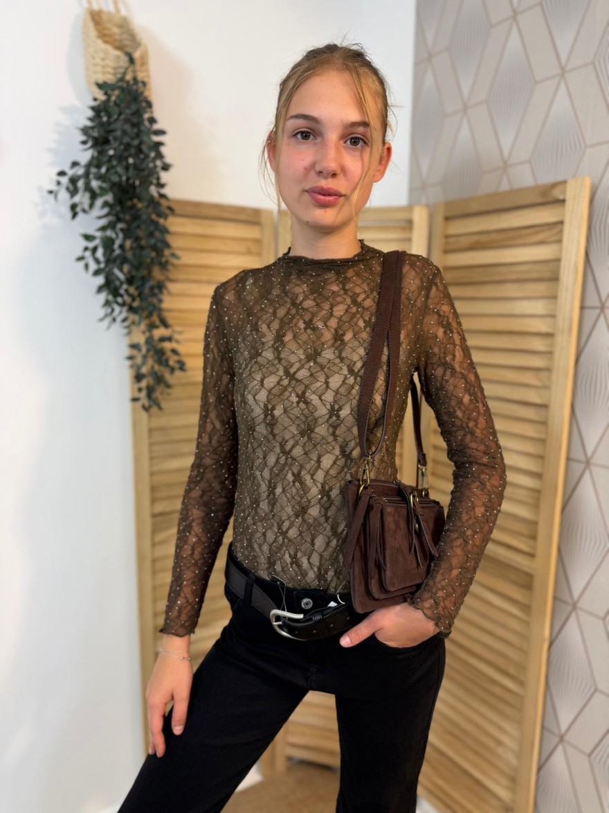 Haut Kilky Marron Dentelle à Strass Transparent Femme | Marina & Paloma