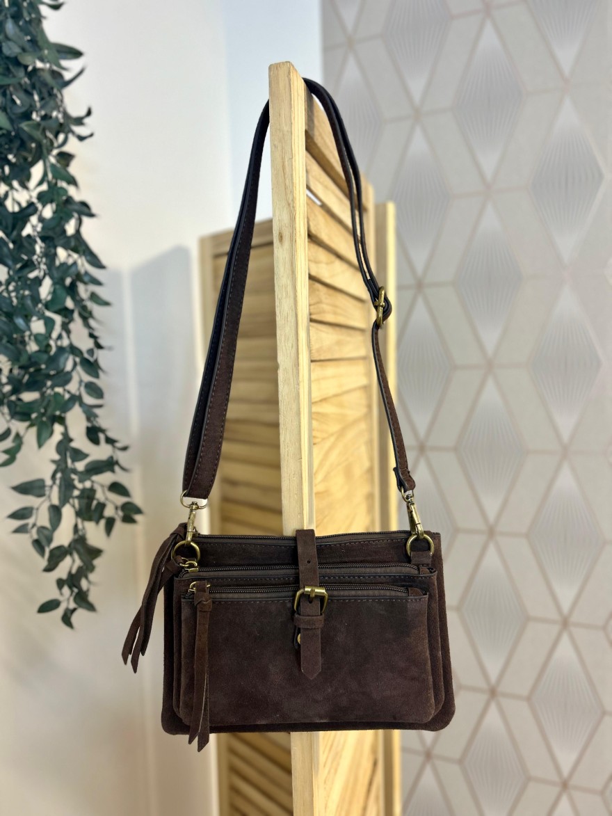 Pochette 3 Compartiments Effet Suédine – Bandoulière | Marina & Paloma