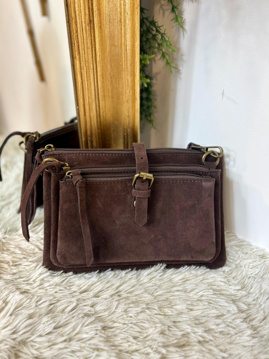 Pochette 3 Compartiments Effet Suédine – Bandoulière | Marina & Paloma