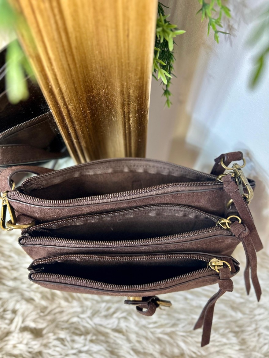 Pochette 3 Compartiments Effet Suédine – Bandoulière | Marina & Paloma