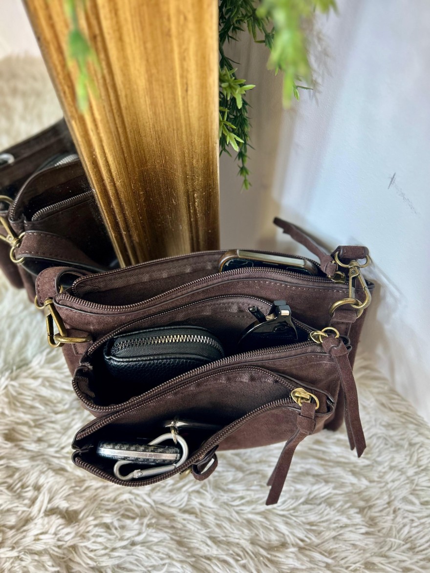 Pochette 3 Compartiments Effet Suédine – Bandoulière | Marina & Paloma