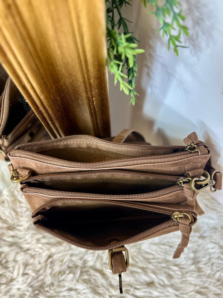 Pochette 3 Compartiments Effet Suédine – Bandoulière | Marina & Paloma