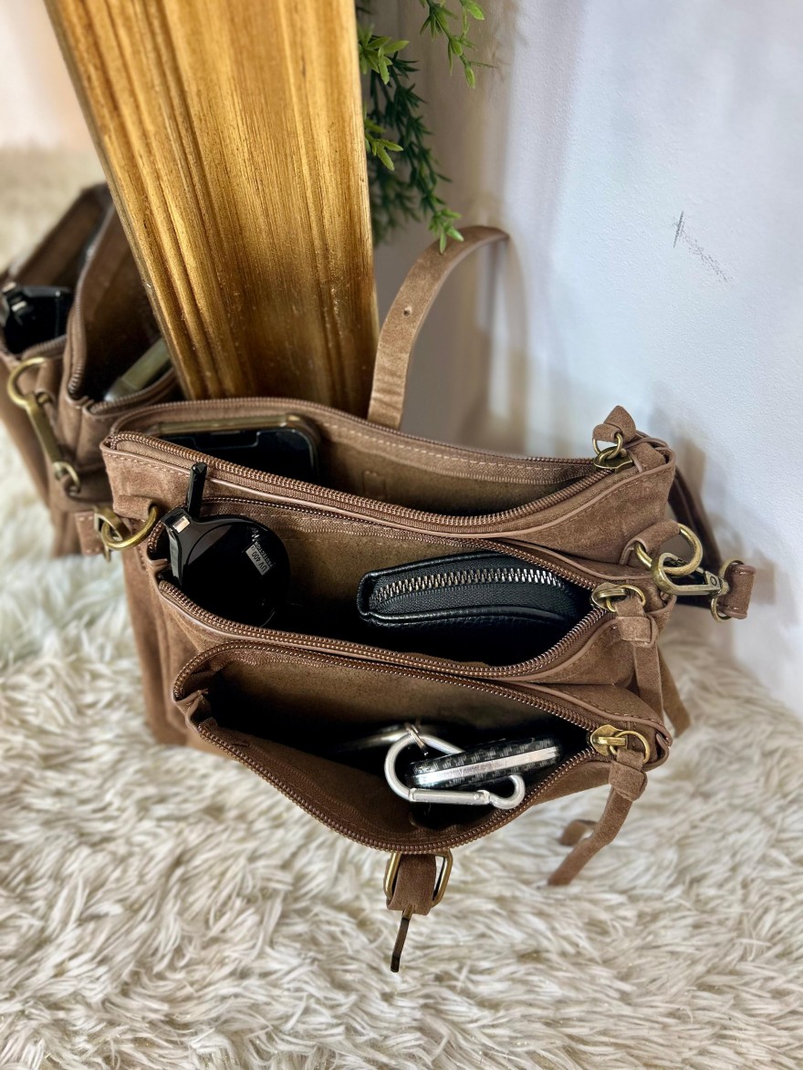 Pochette 3 Compartiments Effet Suédine – Bandoulière | Marina & Paloma