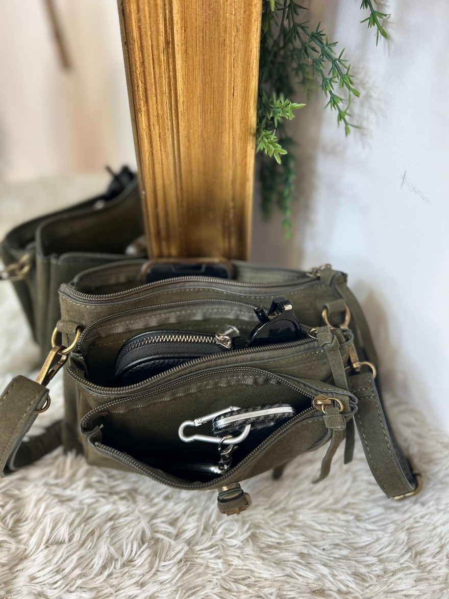 Pochette 3 Compartiments Effet Suédine – Bandoulière | Marina & Paloma