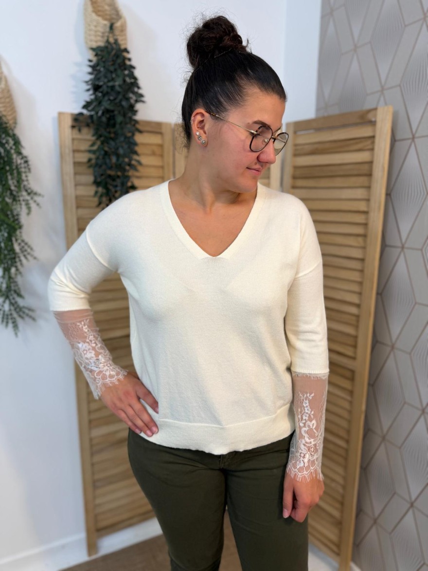 Pull Col V In April 86 Manches Dentelle Femme | Marina & Paloma