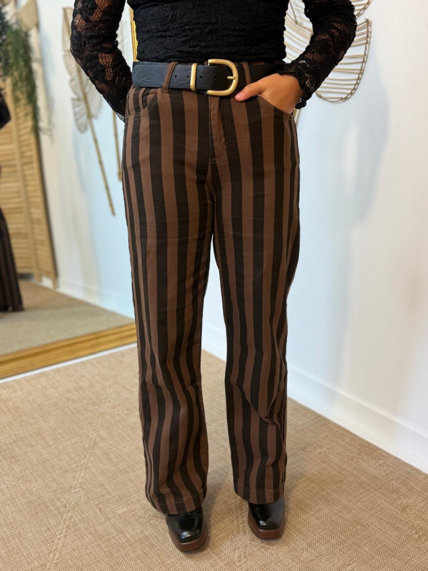Jean Rayé Chocolat Wide Leg Taille Haute | Marina & Paloma