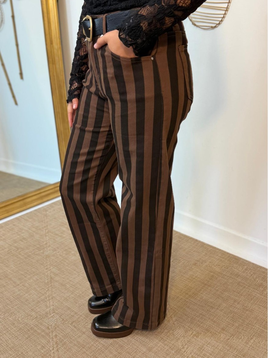 Jean Rayé Chocolat Wide Leg Taille Haute | Marina & Paloma