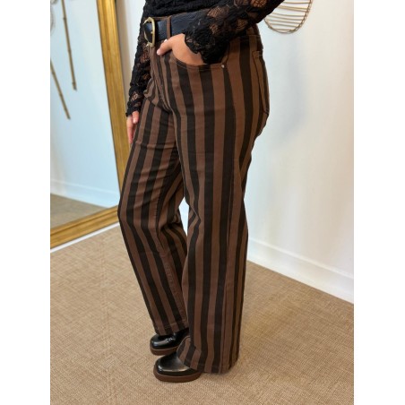 Jean Rayé Chocolat Wide Leg Taille Haute | Marina & Paloma