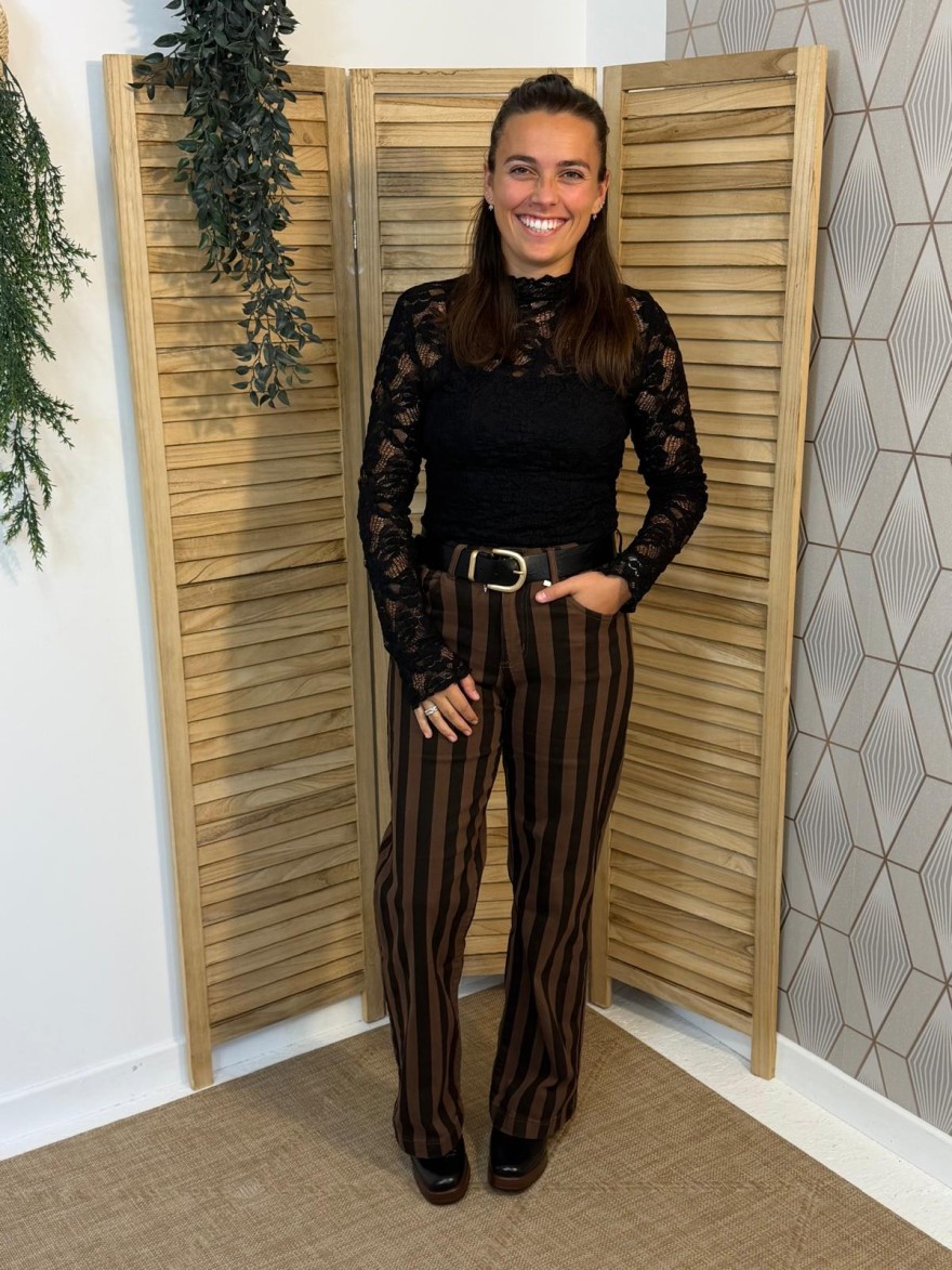 Jean Rayé Chocolat Wide Leg Taille Haute | Marina & Paloma