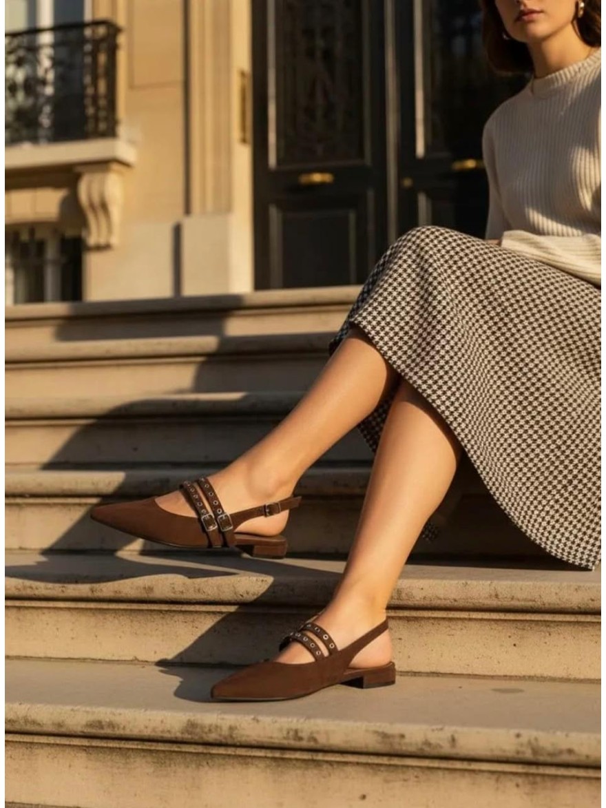 Ballerine Pointue Effet Suédine à Brides Talon 2 cm | Marina & Paloma