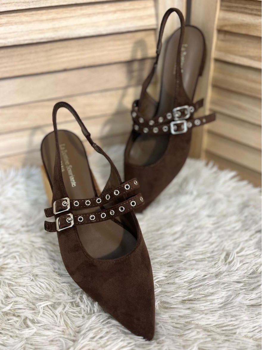 Ballerine Pointue Effet Suédine à Brides Talon 2 cm | Marina & Paloma