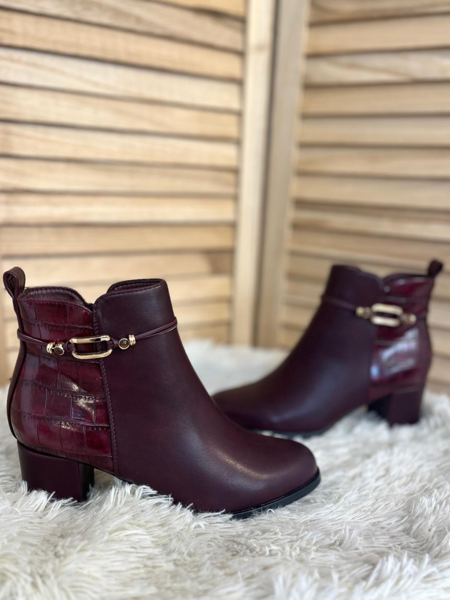 Bottine Bordeaux à Talon 5,5 cm Effet Croco Vernis | Marina & Paloma