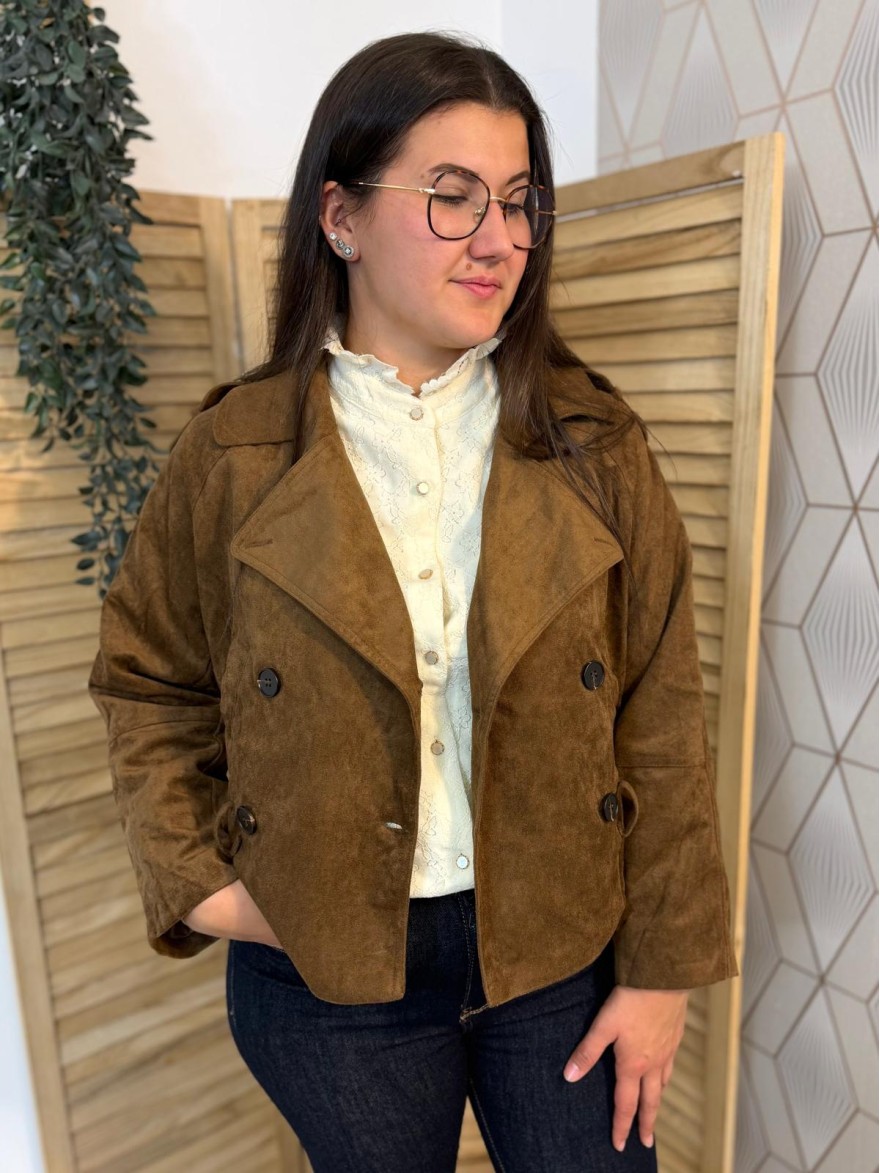 Veste Marron Effet Daim Maelle Avec Ceinture | Marina & Paloma