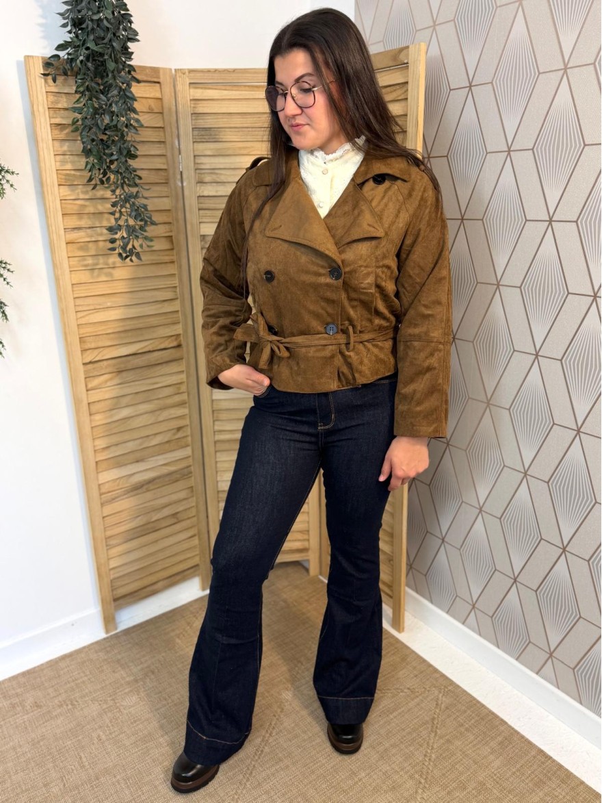 Veste Marron Effet Daim Maelle Avec Ceinture | Marina & Paloma