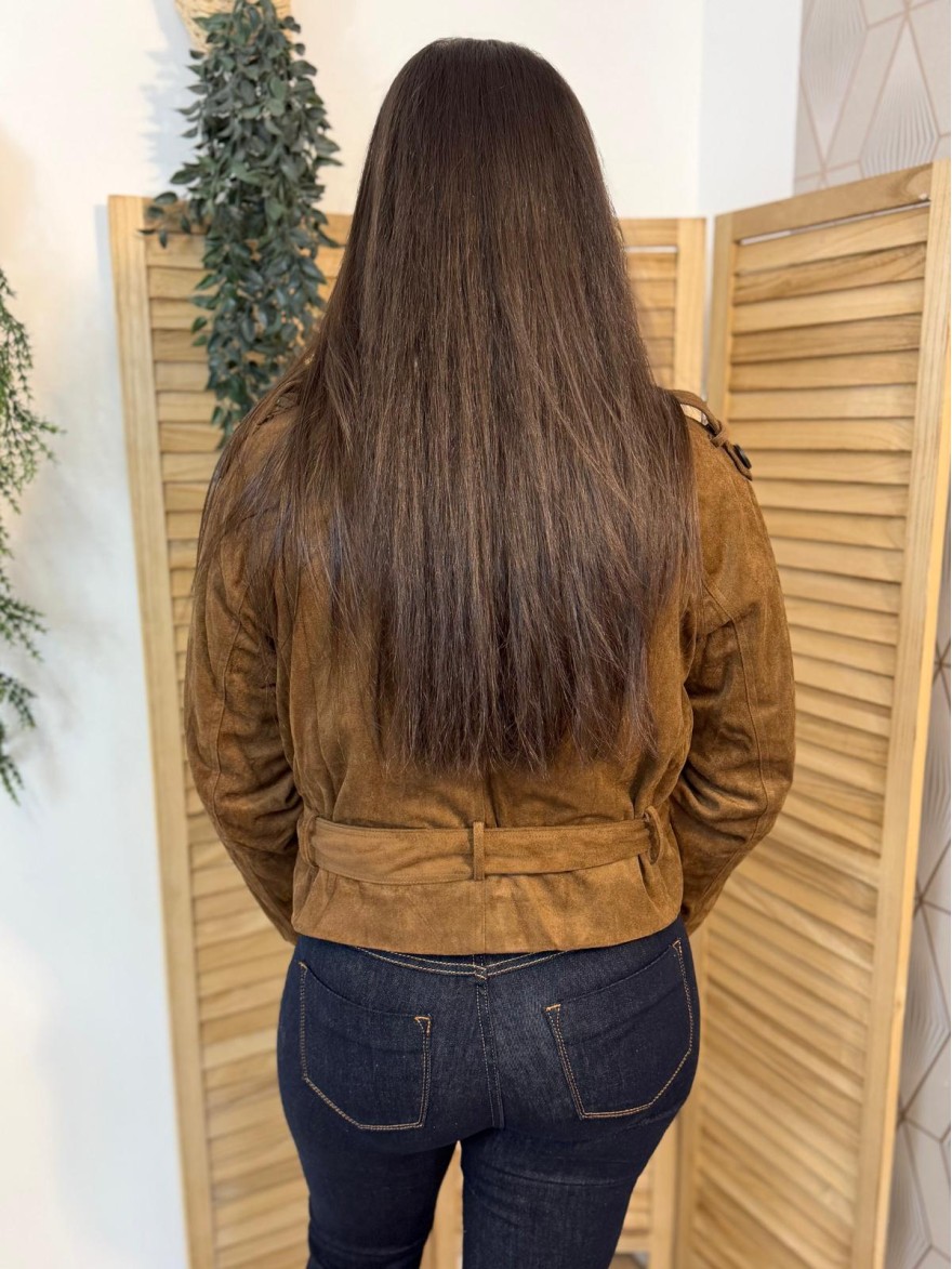 Veste Marron Effet Daim Maelle Avec Ceinture | Marina & Paloma