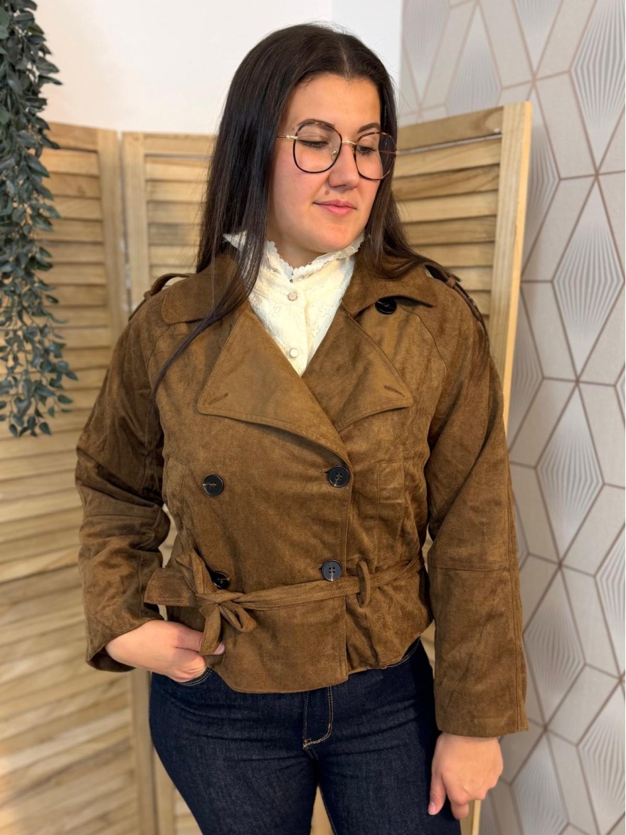 Veste Marron Effet Daim Maelle Avec Ceinture | Marina & Paloma