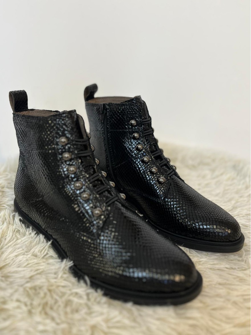 Bottine Fugitive Felune Reptile Noir à Lacets | Marina & Paloma
