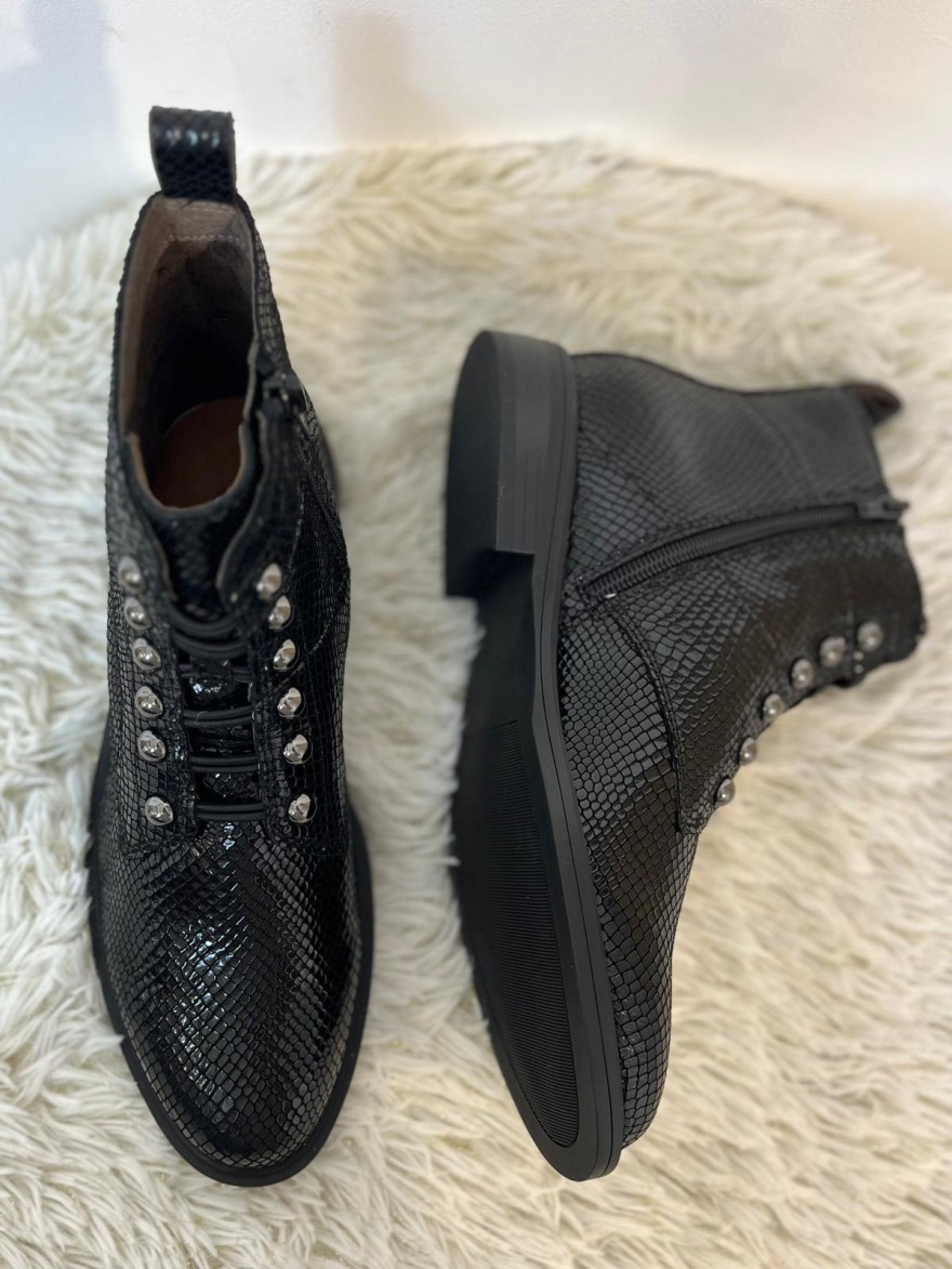 Bottine Fugitive Felune Reptile Noir à Lacets | Marina & Paloma