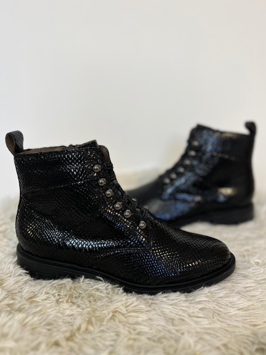 Bottine Fugitive Felune Reptile Noir à Lacets | Marina & Paloma