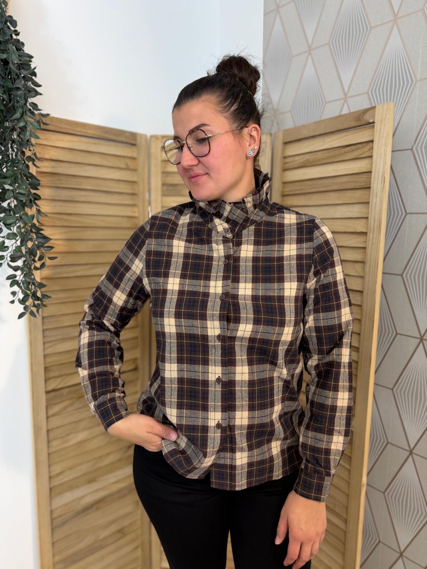 Chemise Maelle à Carreaux Café Col Volanté | Marina & Paloma