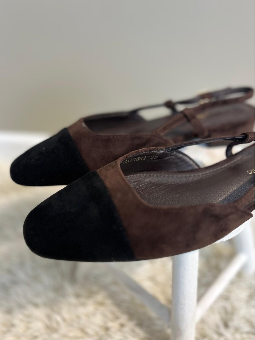 Slingback Plate Velours Marron Bout Noir | Marina & Paloma