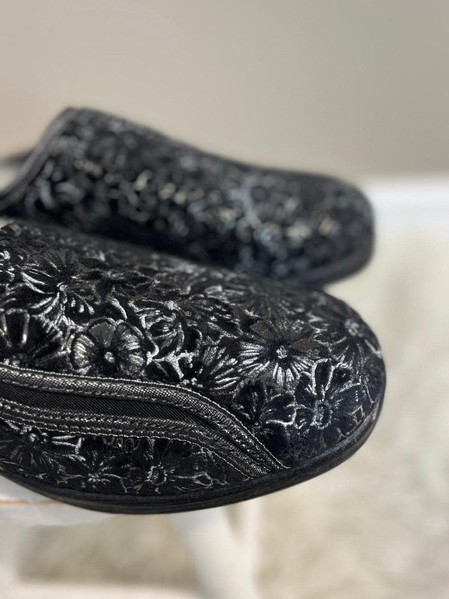 Chausson Fargeot Noir Floral Compensé 3,5 cm | Marina & Paloma