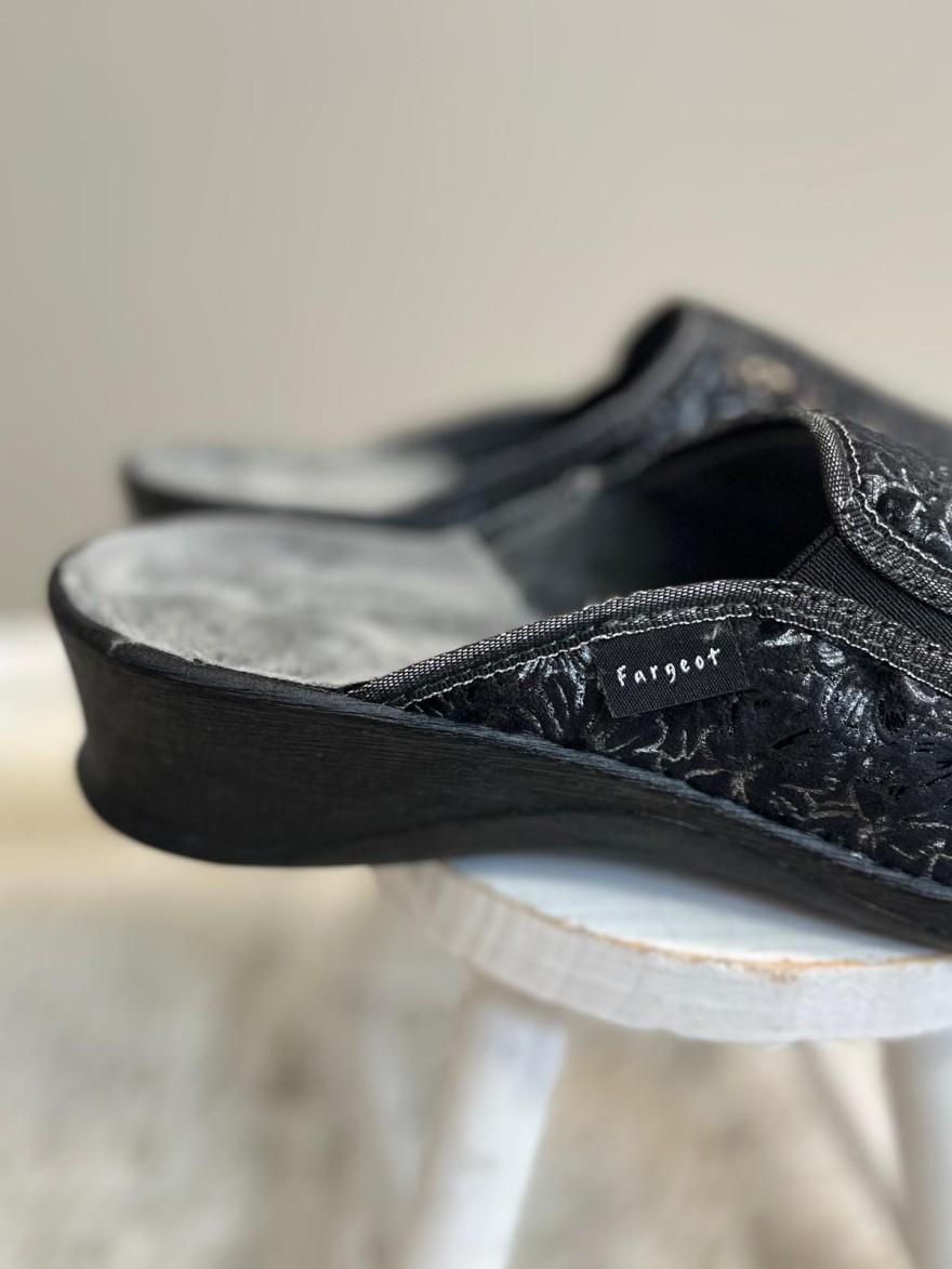 Chausson Fargeot Noir Floral Compensé 3,5 cm | Marina & Paloma