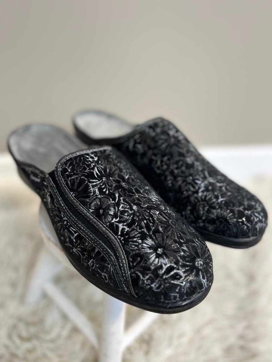 Chausson Fargeot Noir Floral Compensé 3,5 cm | Marina & Paloma