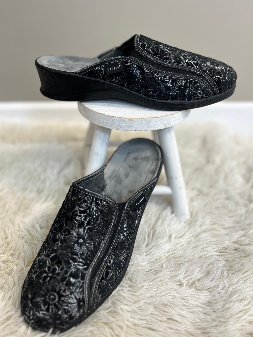 Chausson Fargeot Noir Floral Compensé 3,5 cm | Marina & Paloma