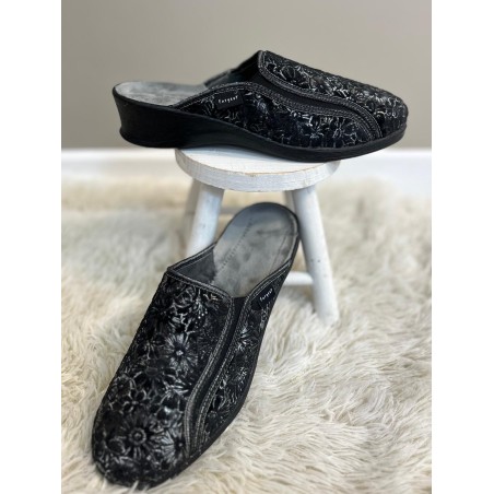 Chausson Fargeot Noir Floral Compensé 3,5 cm | Marina & Paloma
