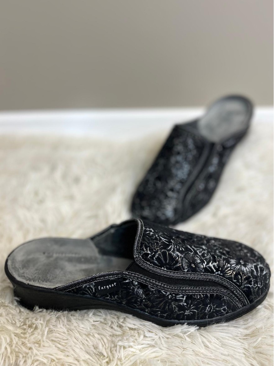 Chausson Fargeot Noir Floral Compensé 3,5 cm | Marina & Paloma