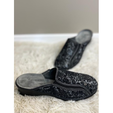 Chausson Fargeot Noir Floral Compensé 3,5 cm | Marina & Paloma