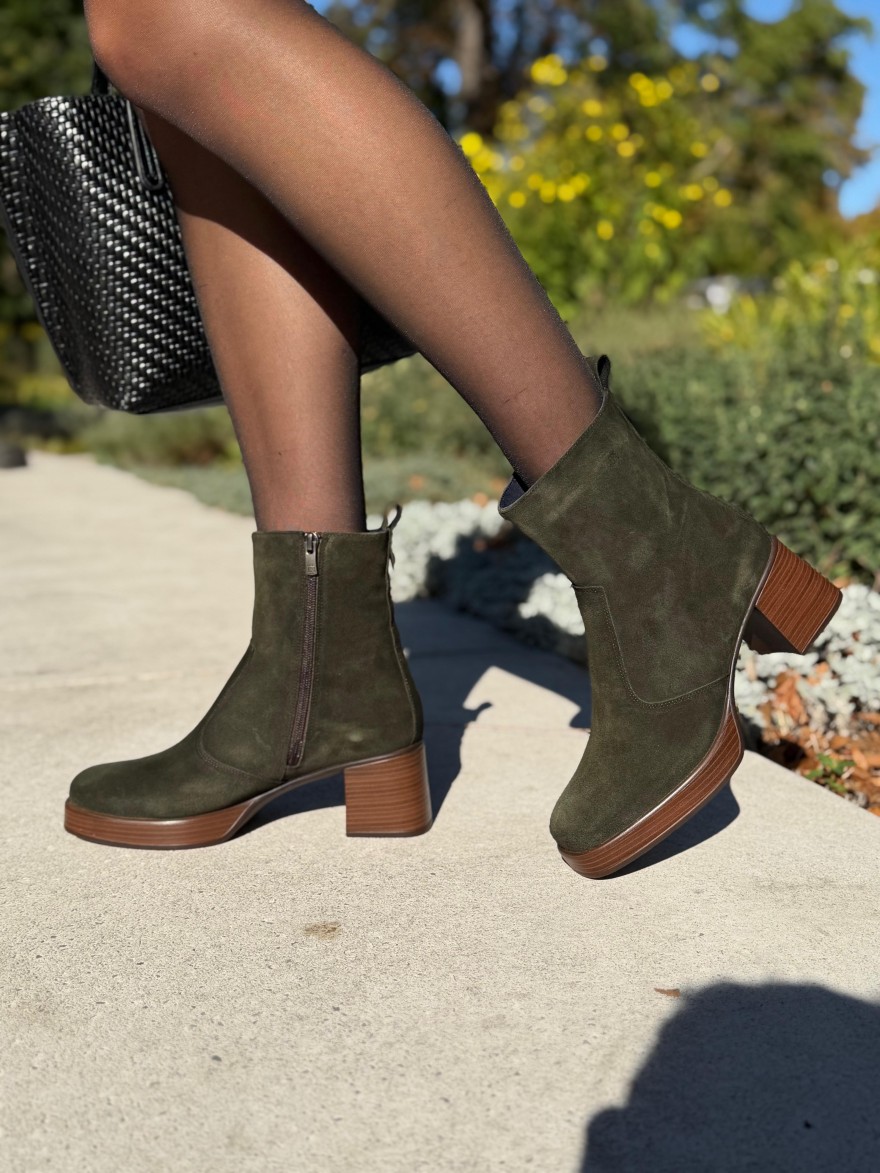 Bottine Dorking Cristel D9157 Kaki Cuir Velours Talon 6 cm | Marina & Paloma
