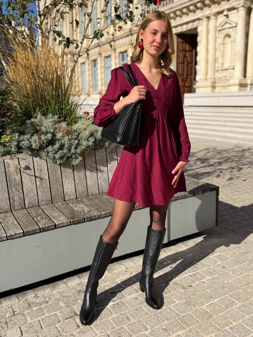 Robe Maelle Manche Longue Bordeaux Évasée | Marina & Paloma