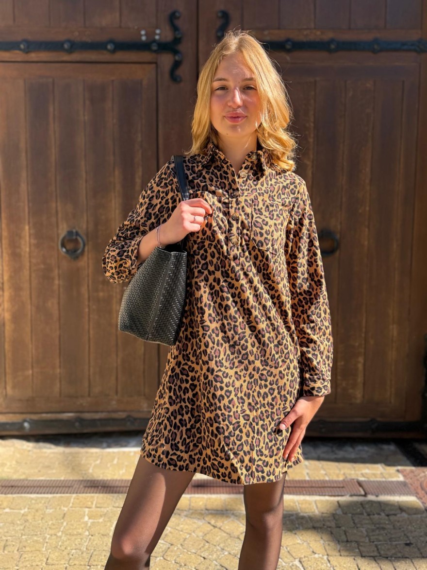 Robe Maelle Léopard en Velours Côtelé Femme | Marina & Paloma