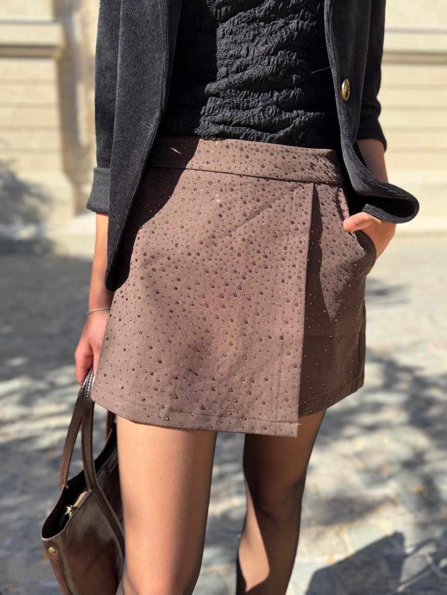 Jupe Short Kilky Marron à Strass Effet Jupe Tendance | Marina & Paloma
