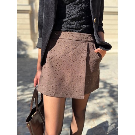Jupe Short Kilky Marron à Strass Effet Jupe Tendance | Marina & Paloma