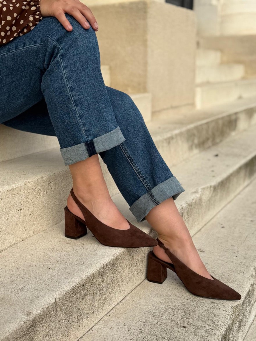 Escarpin Effet Suédine Bride Arrière Talon 7 cm | Marina & Paloma