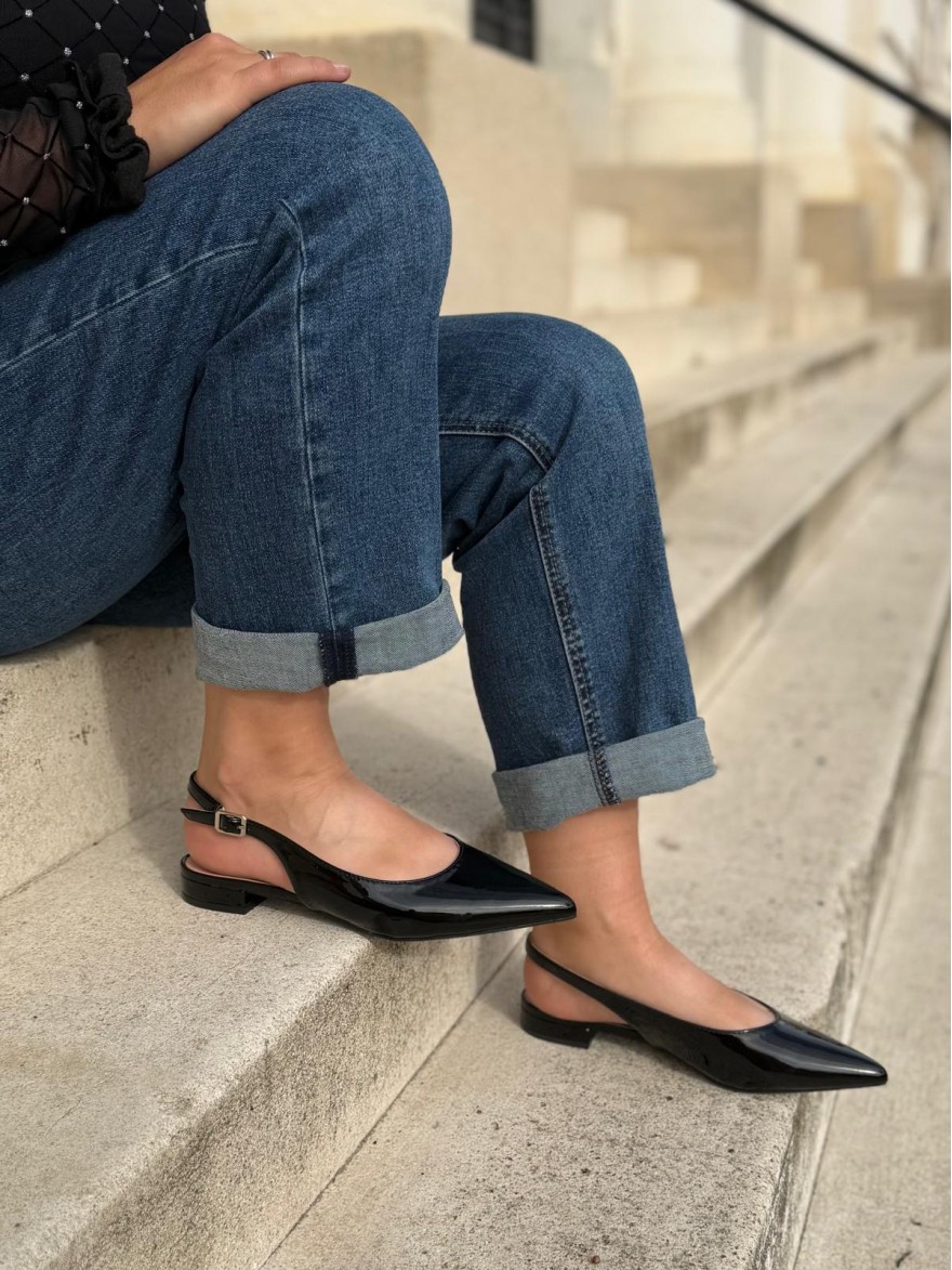 Ballerine Noire Vernis Pointue Ouverte Derrière 1,5 cm | Marina & Paloma