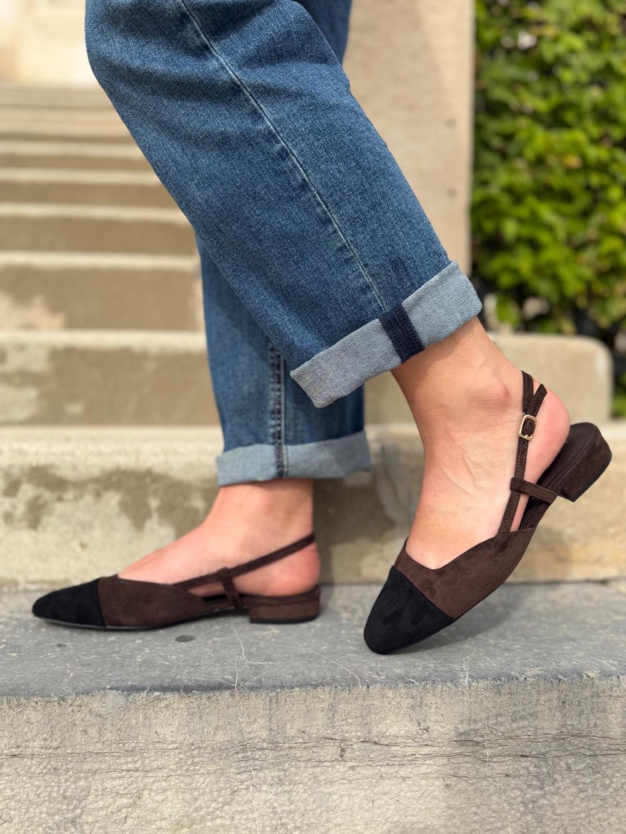 Slingback Plate Velours Marron Bout Noir | Marina & Paloma