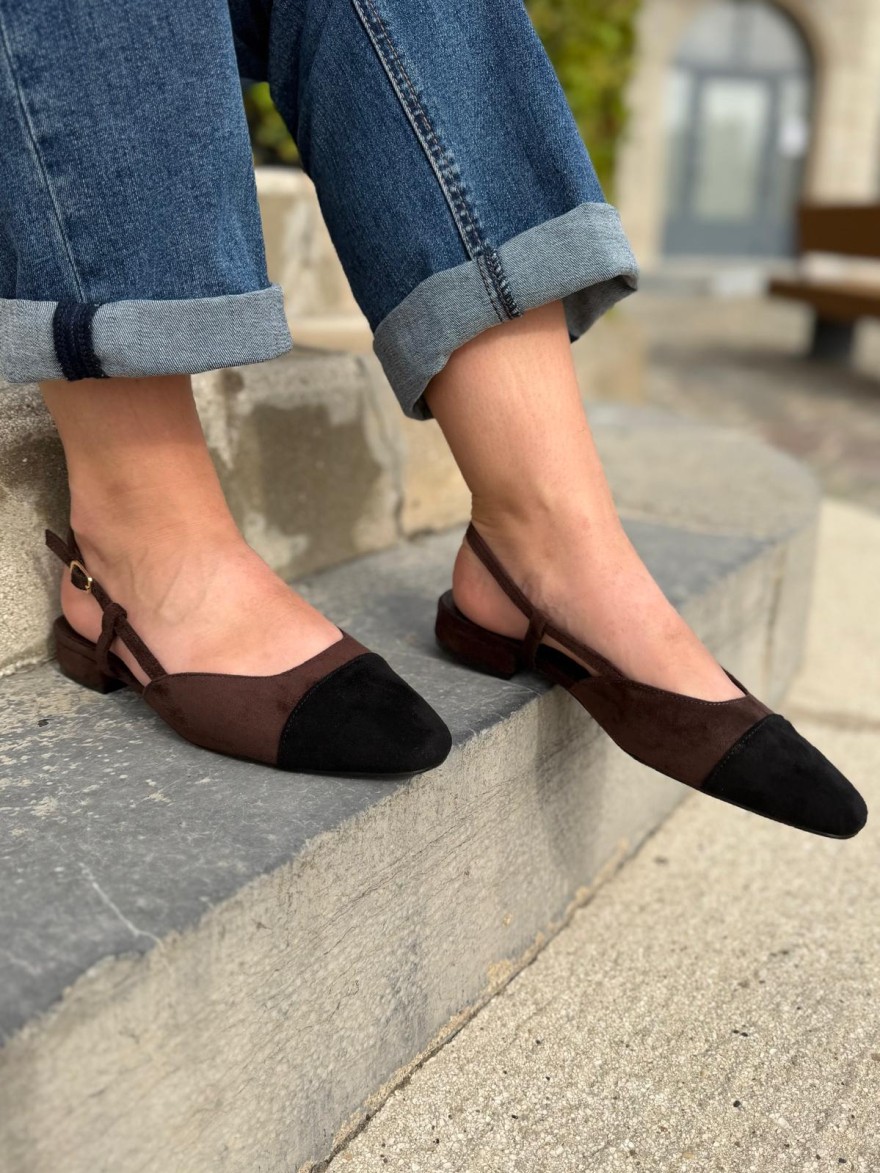 Slingback Plate Velours Marron Bout Noir | Marina & Paloma