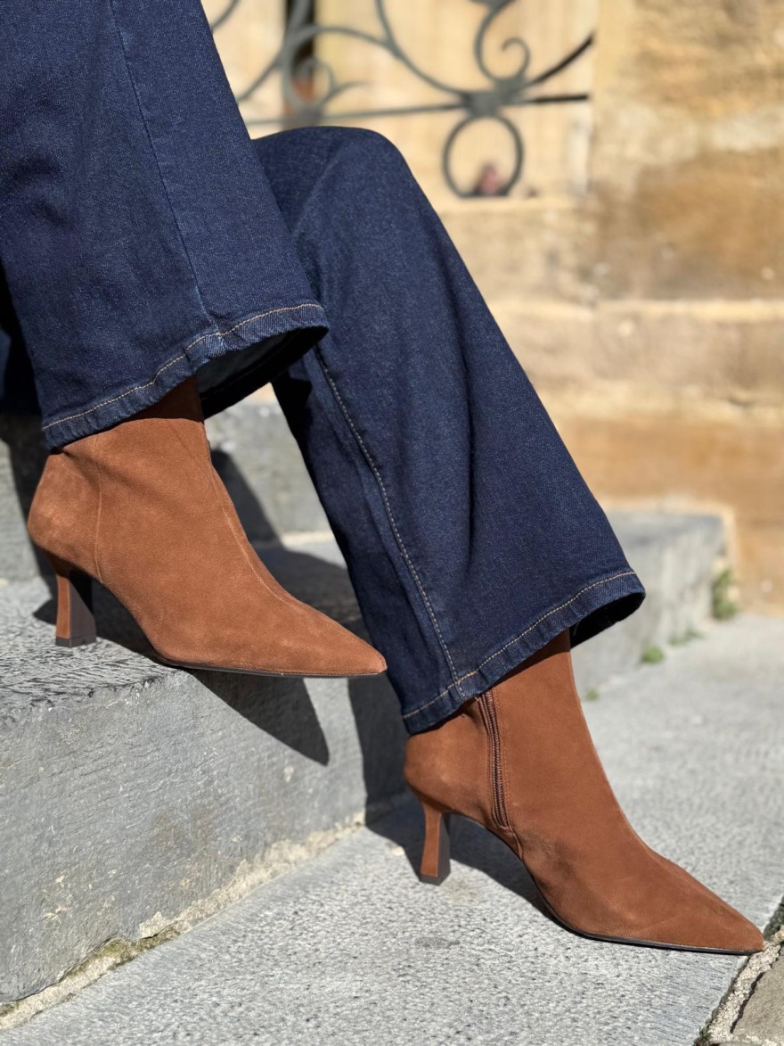 Bottine Tamaris 25358 Cuir Velours Marron Talon 7 cm | Marina & Paloma