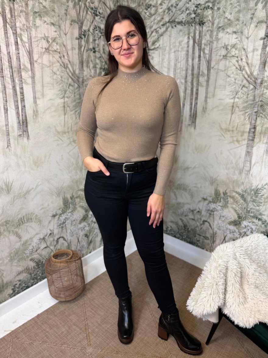 Pull Fin Col Montant à Strass Taupe Kilky | Marina & Paloma