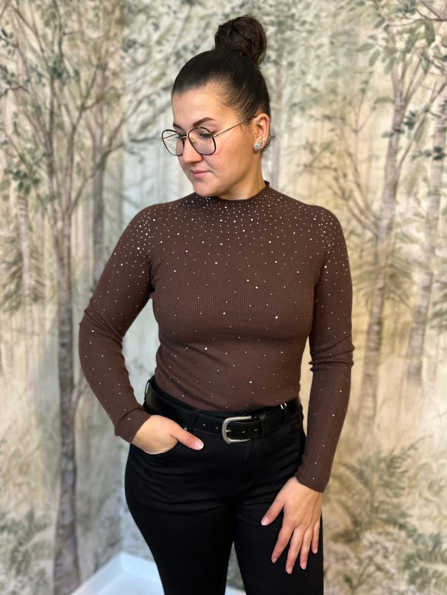 Pull Fin Col Montant à Strass Marron Kilky | Marina & Paloma