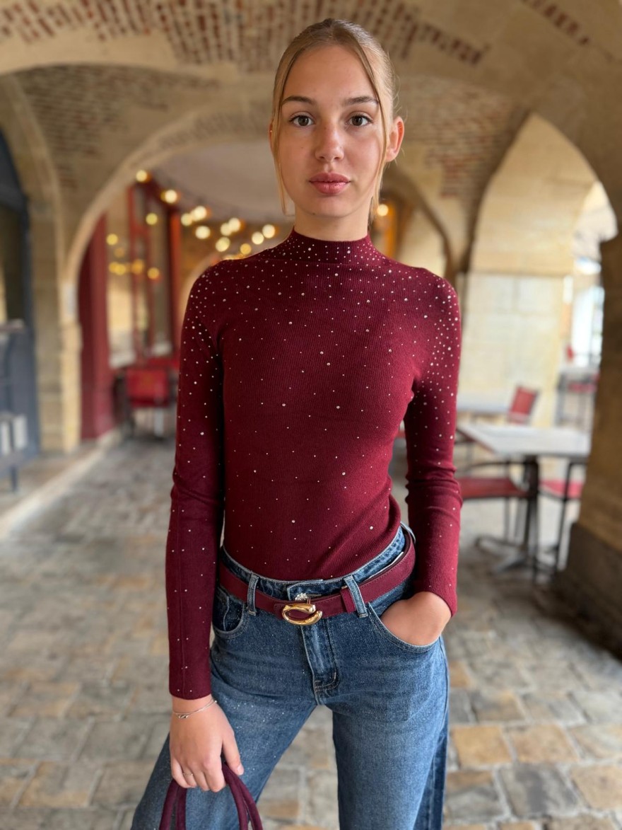 Pull Fin Col Montant à Strass Bordeaux Kilky | Marina & Paloma