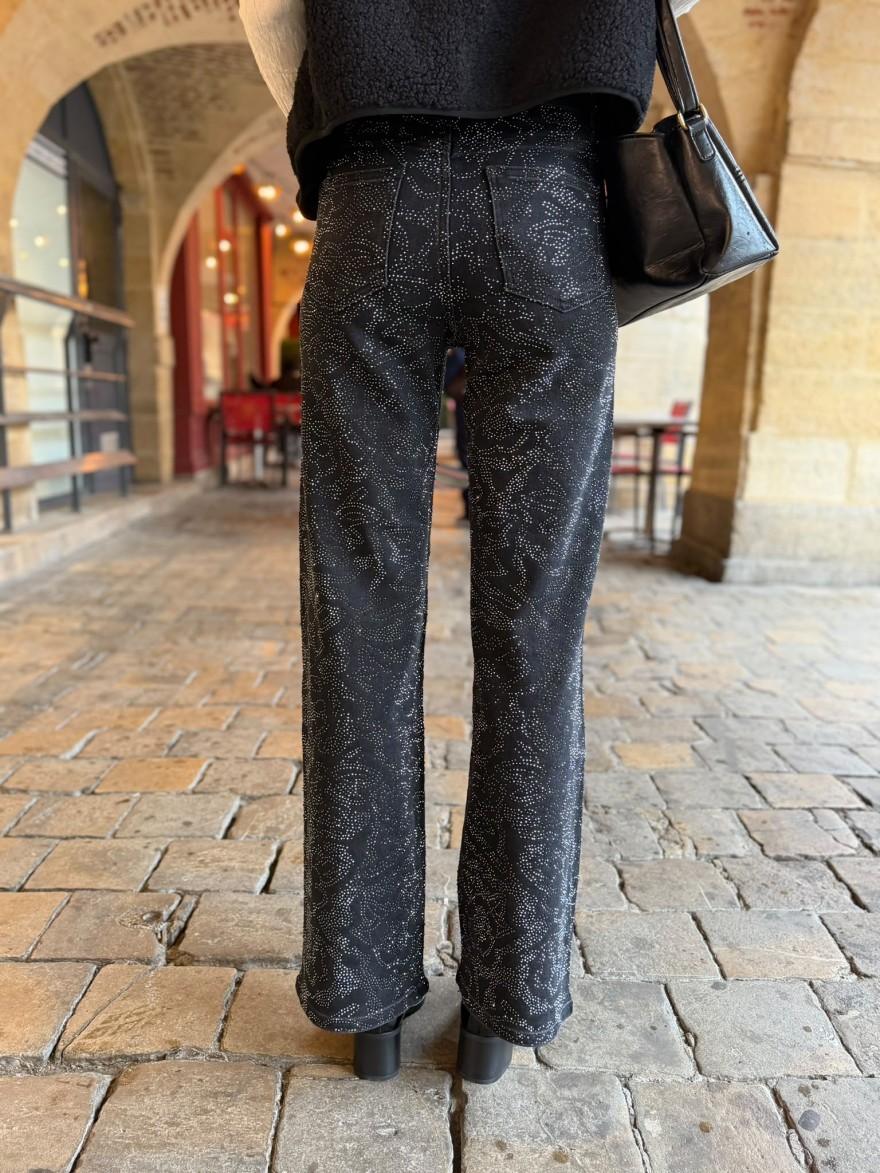 Jean Wide Leg Noir à Strass Floral Sarah John | Marina & Paloma