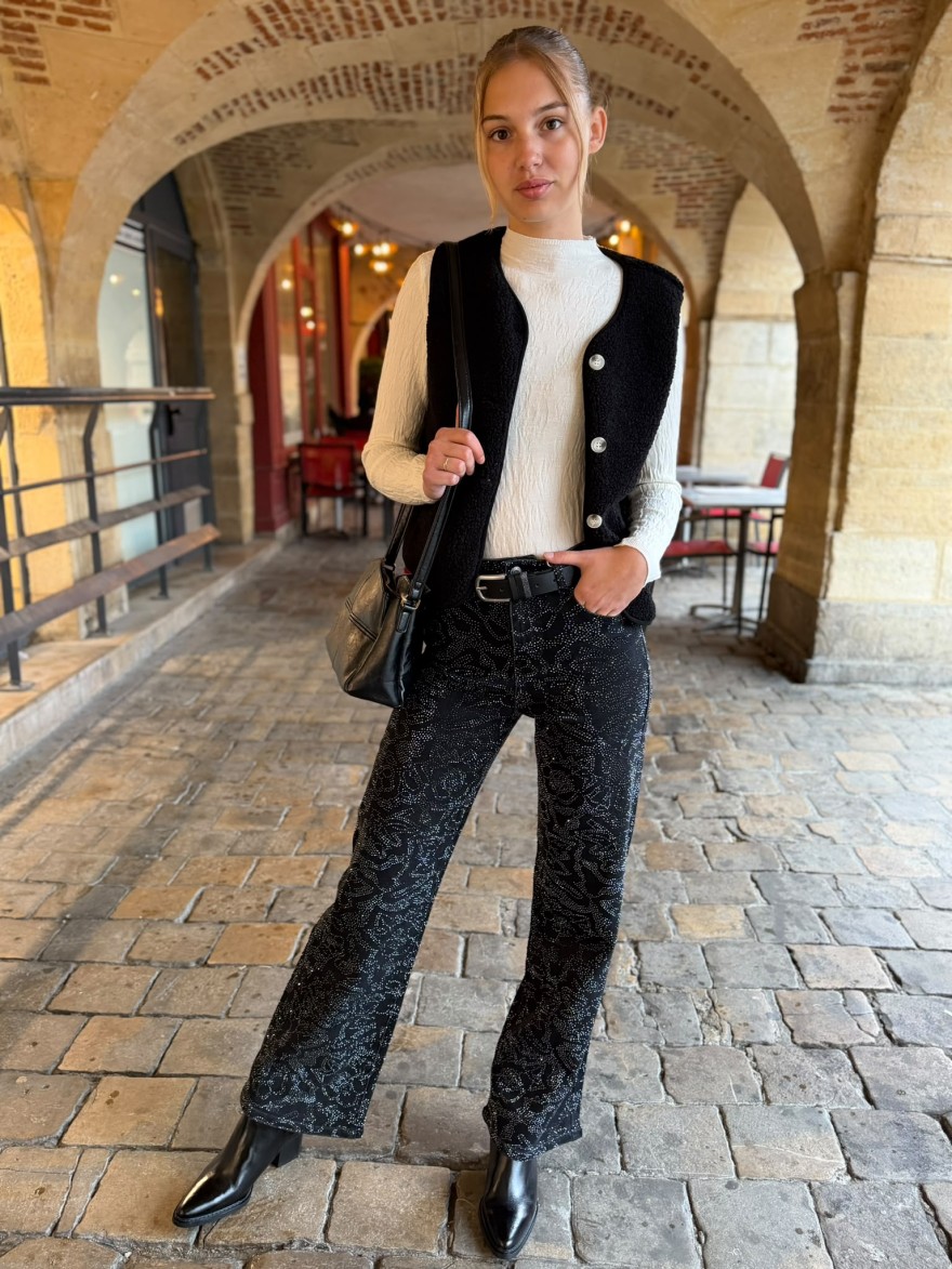 Jean Wide Leg Noir à Strass Floral Sarah John | Marina & Paloma